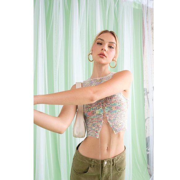 Cropped Sweater Half Open Jeweled Front Lace Sleeveless Sexy Knit Top - Picture 7 of 10